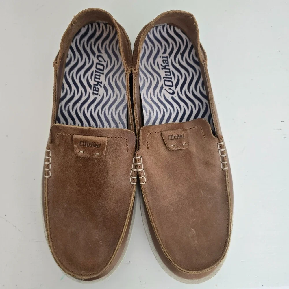OluKai Mens Kakaha Leather Slip On Loafers Size 8.5 Brown Comfort Coastal Beach